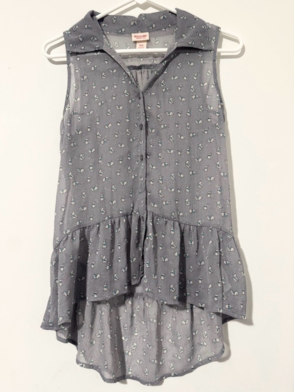 Mossimo Supply Co. Juniors Grey Sheer Sleeveless "Bunny" Print Button Down Top
